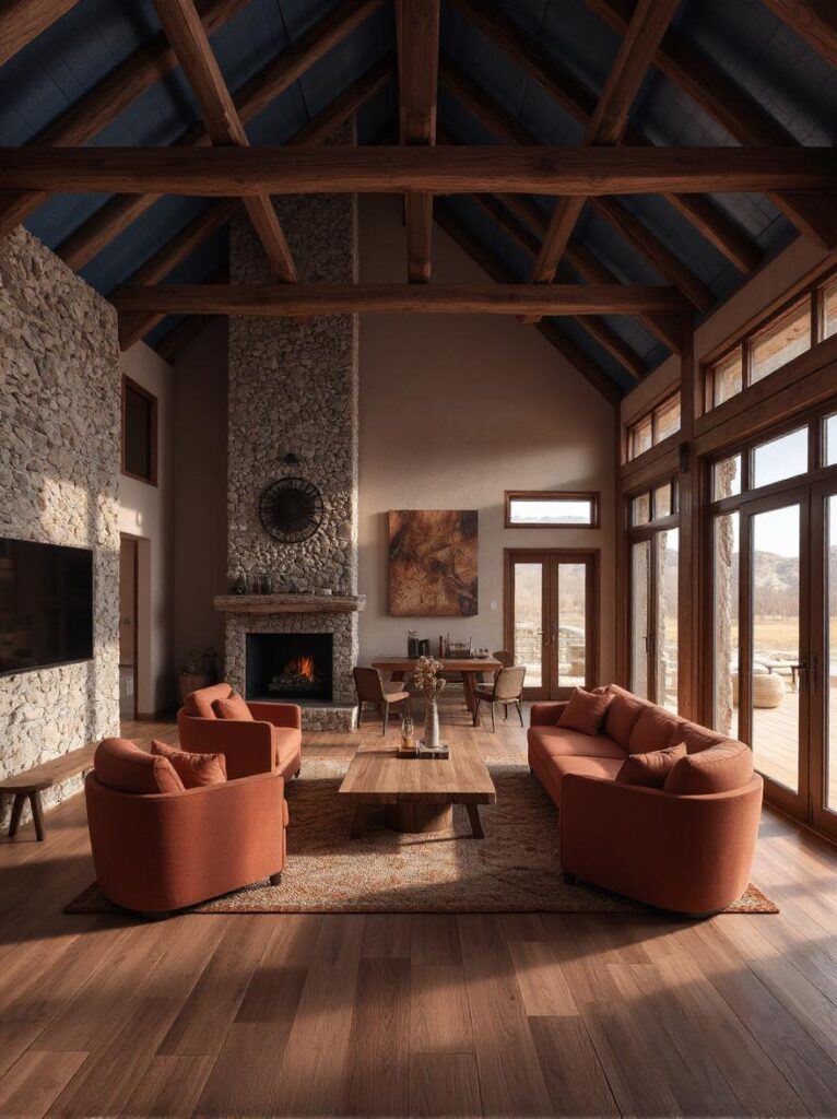 Rustic cabin room with a vaulted midnight blue ceiling and exposed wooden beams, central seating area featuring a low-profile natural wood coffee table surrounded by rust-colored armchairs and a peach-upholstered sofa, soft peach lighting from a large woven pendant lamp hanging overhead, stone feature wall on the left with a built-in fireplace and wood storage, floor-to-ceiling windows on the right framed in dark wood letting in warm natural light, wide plank wooden floors with a layered rust and beige rug beneath the seating, peaceful desert sunset ambiance throughout.
