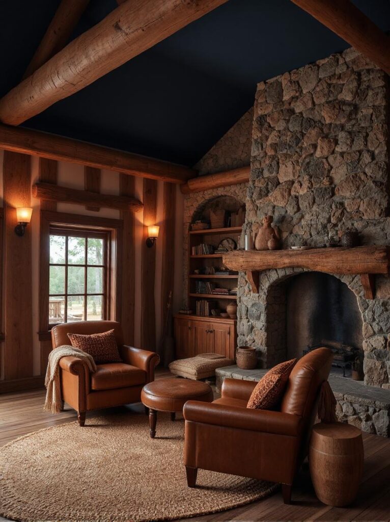 Rustic cabin room with a vaulted midnight blue ceiling and exposed wooden beams, central seating area featuring a low-profile natural wood coffee table surrounded by rust-colored armchairs and a peach-upholstered sofa, soft peach lighting from a large woven pendant lamp hanging overhead, stone feature wall on the left with a built-in fireplace and wood storage, floor-to-ceiling windows on the right framed in dark wood letting in warm natural light, wide plank wooden floors with a layered rust and beige rug beneath the seating, peaceful desert sunset ambiance throughout.
