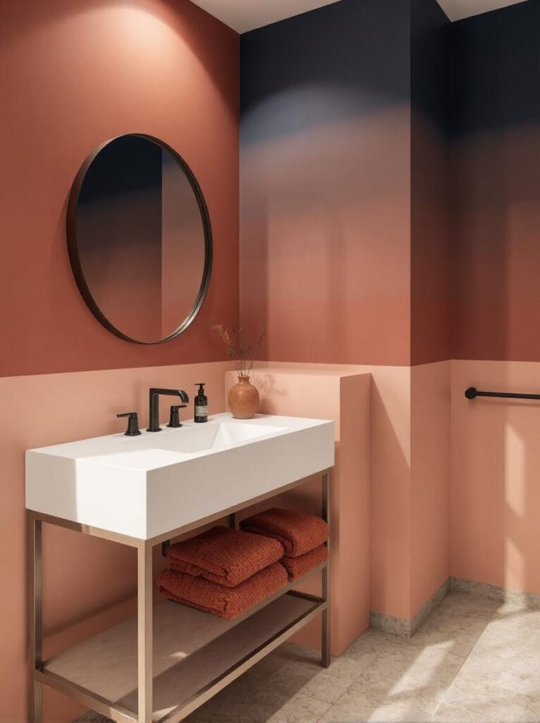 Guest bathroom featuring ombré walls that transition smoothly from soft peach at the base to deep midnight blue at the top, sleek white vanity with a round brass-framed mirror, rust-colored towels neatly arranged on a matte black towel bar, small rust ceramic vase with dried florals on the countertop, light stone flooring, minimalistic lighting casting a warm glow, serene desert sunset-inspired atmosphere.A