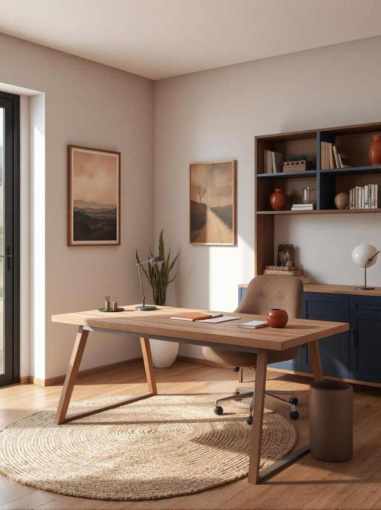 Home office with a neutral color palette featuring light beige walls and natural wood flooring, sleek wooden desk topped with rust and peach-toned accessories including a ceramic pen holder, notebook, and desk lamp, midnight blue storage cabinets and wall-mounted shelves providing contrast, artwork with soft desert sunset hues on the wall, woven beige rug anchoring the space, soft natural light enhancing the warm, balanced atmosphere.