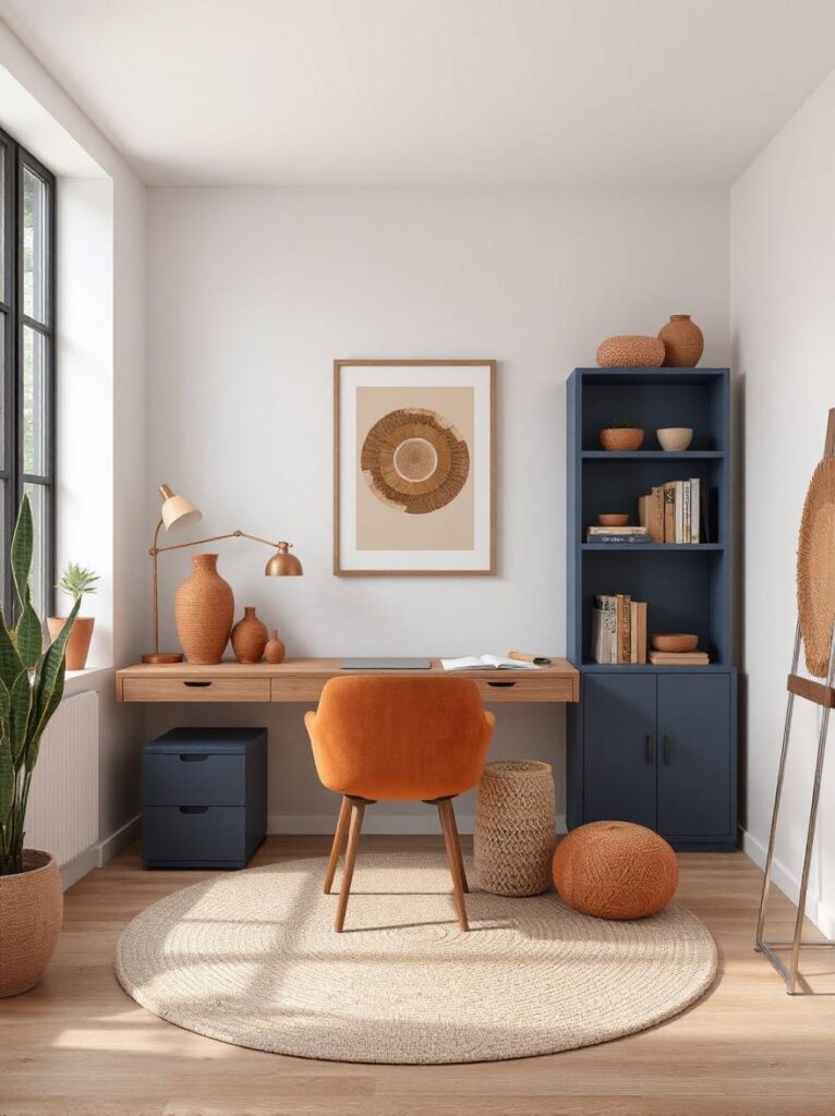 Home office with a clean neutral base featuring soft white walls and a large window along the left side bringing in natural light, L-shaped wooden desk positioned in the corner with rust and peach-toned accessories neatly arranged, a midnight blue filing cabinet tucked beneath one section of the desk, open shelving on the right wall painted in midnight blue displaying books and small desert-hued decor, rust-colored upholstered desk chair centered at the workspace, pale woven rug across light oak floors, calm and creative desert sunset-inspired atmosphere.