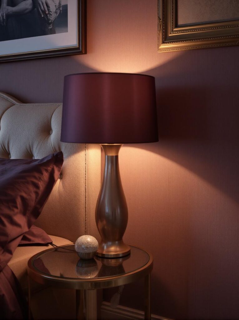 Elegant bedroom with bedside table topped with metallic mauve lampshade, soft warm light reflecting off their subtle sheen, moody mauve bedding, cream upholstered headboard, gold-framed wall art above the bed, refined and regal atmosphere with balanced lighting.