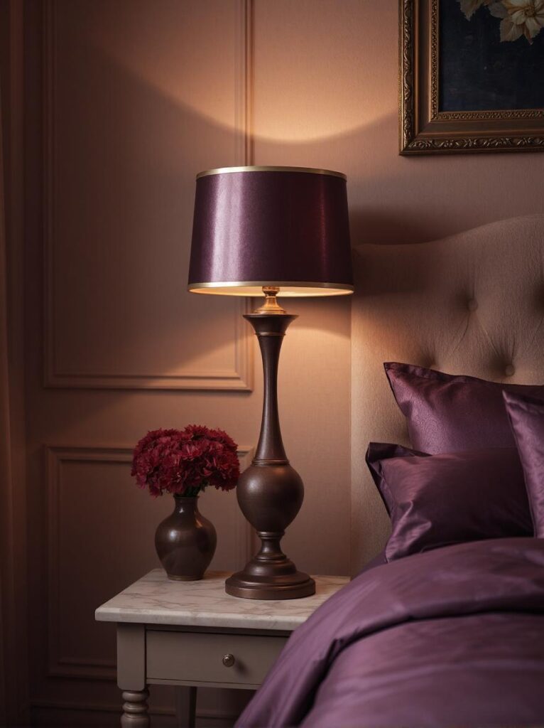 Elegant bedroom with bedside table topped with metallic mauve lampshade, soft warm light reflecting off their subtle sheen, moody mauve bedding, cream upholstered headboard, gold-framed wall art above the bed, refined and regal atmosphere with balanced lighting.