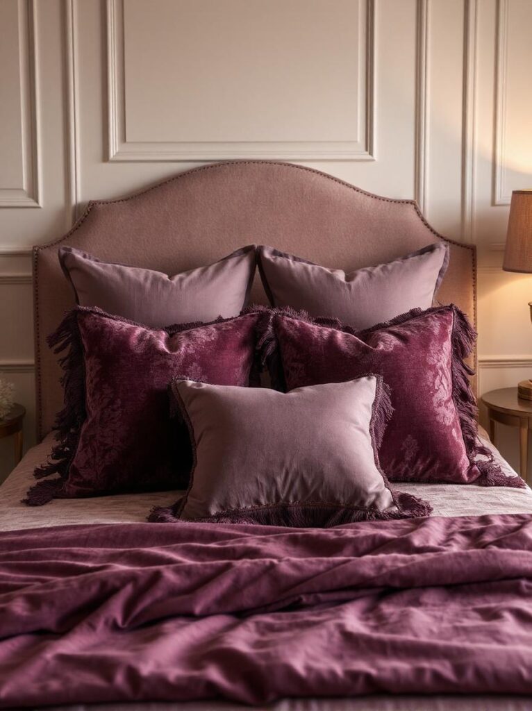 Elegant bedroom with bed adorned by moody mauve accent pillows featuring delicate fringe detailing, velvet and linen fabrics adding texture, layered on plush mauve bedding, soft warm lighting enhancing cozy boho-chic charm, cream walls and minimal gold accents completing regal atmosphere.