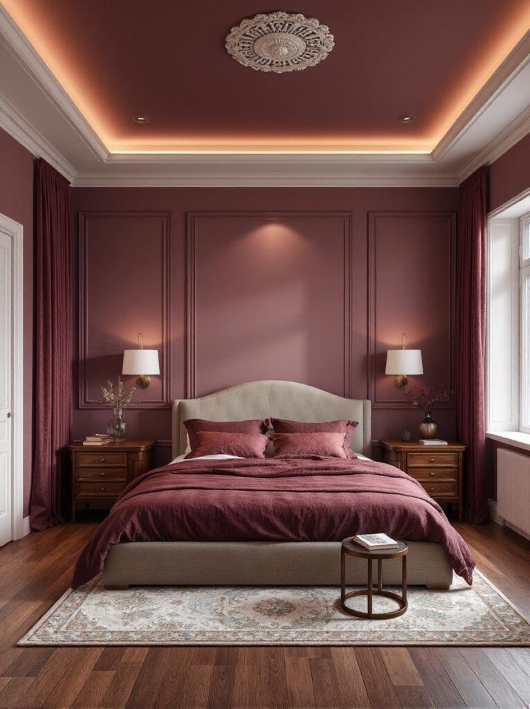 Elegant bedroom with ceiling painted in deep moody mauve, soft ambient lighting creating a cozy enveloping atmosphere, cream walls and mauve bedding complementing ceiling color, warm hardwood floors and decor enhancing intimate sophisticated design.