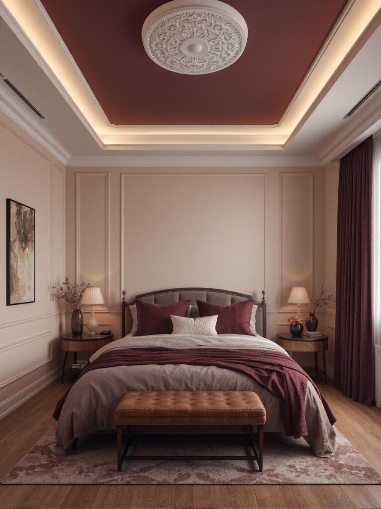 Elegant bedroom with ceiling painted in deep moody mauve, soft ambient lighting creating a cozy enveloping atmosphere, cream walls and mauve bedding complementing ceiling color, warm hardwood floors and decor enhancing intimate sophisticated design.