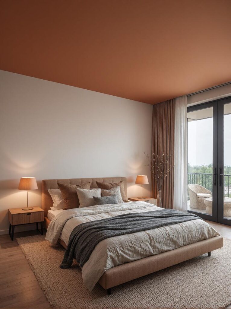 Bedroom with a smooth clay-colored painted ceiling contrasting soft neutral walls, ambient cantaloupe-hued bedside lamps casting a warm glow, low-profile bed with layered natural linen bedding, light wood nightstands, large window with sheer curtains, and decor creating a serene, cozy, and visually striking atmosphere.