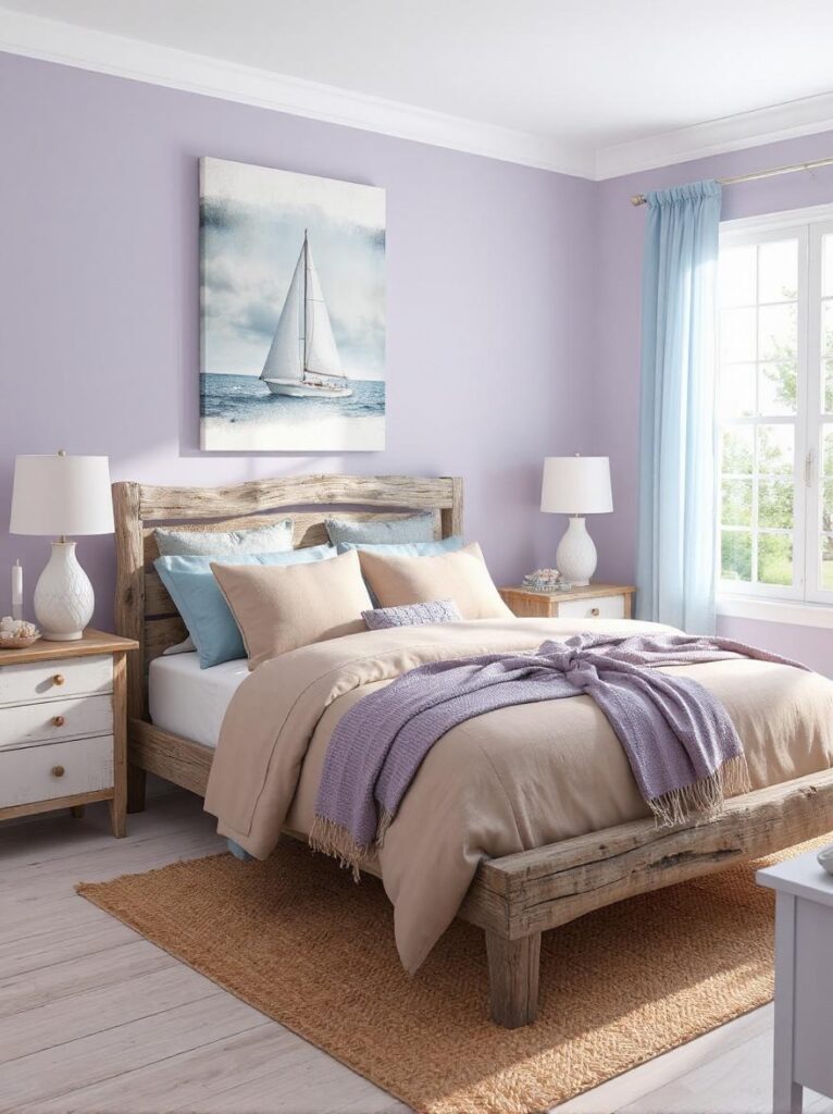 coastal-inspired bedroom featuring soft lavender walls that create a tranquil seaside atmosphere. The bed has a driftwood frame with a weathered, sun-bleached finish and is dressed in layers of sandy beige linens, a lavender throw blanket, and sky blue accent pillows. A large canvas of nautical art depicting a sailboat in muted blue and beige tones hangs above the bed. Beside the bed, driftwood nightstands hold white ceramic lamps with rope detailing and seashell-shaped bases. The floor is pale wood, partially covered by a textured jute rug. A tall window with sheer sky blue curtains allows natural light to pour in, illuminating the room. A decorative bowl of collected seashells and coral sits atop a distressed white dresser. The entire space exudes a breezy, beachy charm with soft coastal colors and natural textures.