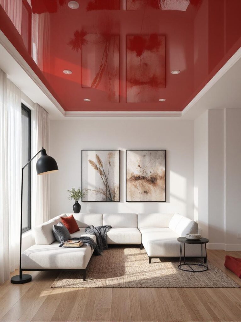 modern living room featuring an unexpected glossy cherry red ceiling that commands attention with its vibrant, reflective surface. The walls are painted in a soft matte light gray, providing a calm and neutral contrast that grounds the space. Below the ceiling, a minimalist white sectional sofa with clean lines sits against one wall, adorned with a few muted gray and pale red throw pillows. The floor is light natural oak hardwood with a simple textured beige area rug defining the seating area. A sleek black metal floor lamp with a white fabric drum shade stands beside the sofa, casting warm ambient light upward toward the glossy red ceiling. Large windows with sheer white curtains allow abundant natural daylight to fill the room, emphasizing the striking red ceiling as a bold design statement without overwhelming the space. Minimalist artwork with subtle red accents hangs on the walls, tying the room’s palette together in a sophisticated and unexpected way.