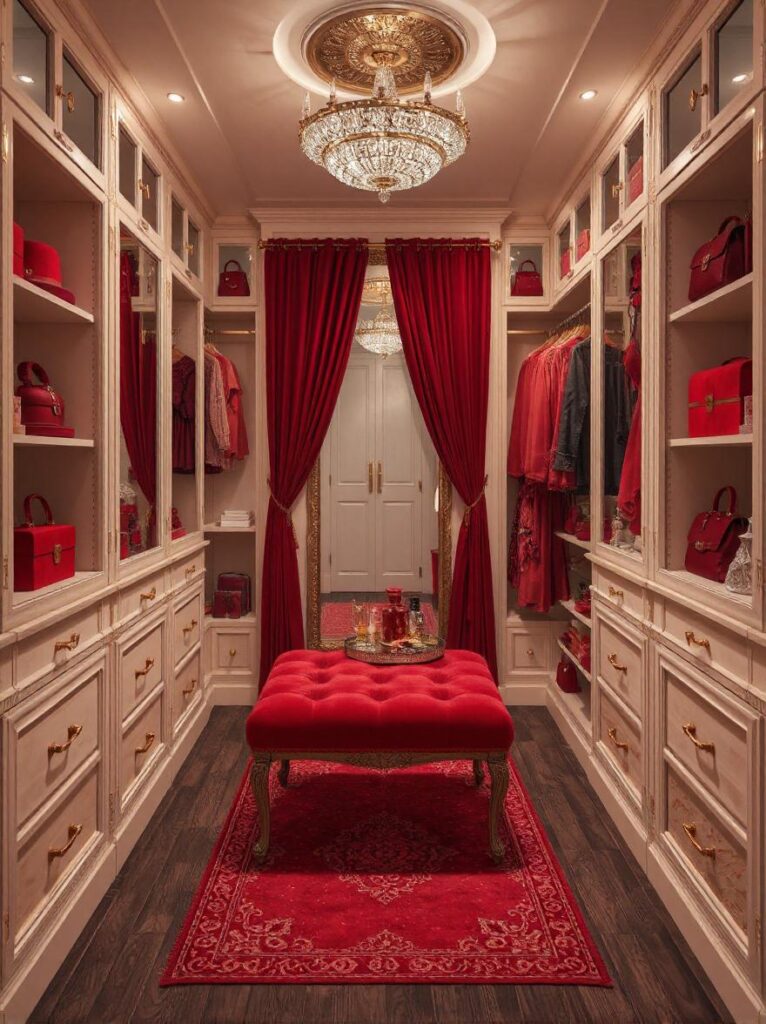 vintage glam walk-in closet styled with rich red accents and old Hollywood elegance. The walls are painted a warm ivory, creating a soft contrast to the deep red details throughout the space. Along both sides of the closet, built-in cabinetry in soft cream features gold hardware, glass-front doors, and velvet-lined drawers. Hanging rods display color-coordinated garments, while open shelves hold red hat boxes, handbags, and neatly folded silk scarves. A red patterned rug with intricate detailing covers the dark hardwood floor, running the length of the narrow space. At the end of the closet, a glamorous red velvet curtain is draped across a full-length mirror framed in gold. A tufted red velvet bench sits in the center of the room with a small mirrored tray on top holding perfume bottles and a crystal hairbrush. Overhead, a crystal chandelier hangs from a gold ceiling medallion, casting sparkling light that reflects off mirrored cabinet doors, creating a romantic and luxurious atmosphere.