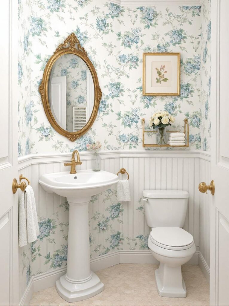 bathroom with walls covered in light blue floral wallpaper featuring soft blue flowers and green leaves on a white background. The wallpaper design is delicate and vintage-inspired, adding a romantic and airy feel to the space. A white pedestal sink with a curved basin and polished brass faucet stands below an antique-style oval mirror with an ornate brass frame. The mirror hangs on the wallpapered wall, reflecting warm ambient light. A small brass shelf beside the sink holds a glass vase with fresh white and blush flowers. The floor is made of light cream hexagonal tiles. A brass towel ring holds a folded embroidered hand towel near the sink. A white toilet with a classic shape is positioned in the corner, and above it, a small framed botanical print hangs on the wall. The entire space feels elegant, charming, and full of personality.