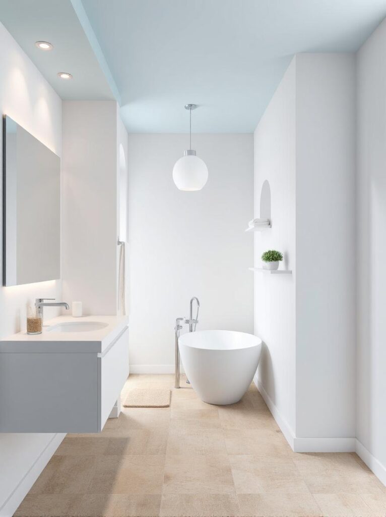 bathroom with a smooth, pale blue ceiling that softly mimics the sky, creating a sense of openness and calm. The walls are painted bright white with a satin finish, reflecting light throughout the space and making the room feel larger. The ceiling features minimalist recessed lighting, evenly spaced to provide soft, ambient illumination. A white pendant light with a frosted glass shade hangs centered above a freestanding white bathtub with gentle curves and a chrome floor-mounted faucet. The floor is finished in light beige stone tiles with a natural matte texture. A floating white vanity with clean lines sits along one wall, topped with a white quartz countertop and an under-mount sink. Above it hangs a large frameless mirror. Subtle decorative accents include a glass jar with cotton swabs, a rolled white towel on the counter, and a small potted succulent on a nearby shelf. The space feels fresh, airy, and subtly artistic.