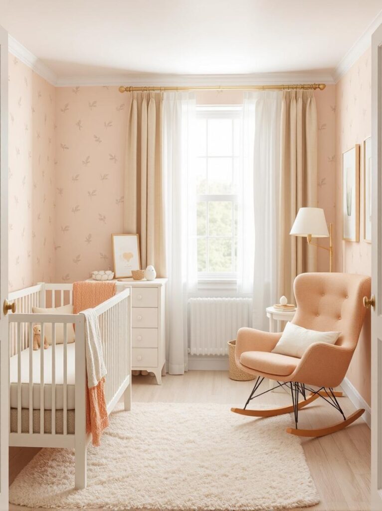 peach-toned nursery, viewed from a slightly elevated angle near the doorway, capturing the full layout and cozy ambiance. The walls are covered in soft peach wallpaper featuring a delicate botanical print with tiny ivory leaves, adding subtle texture without overwhelming the space. Along the left wall sits a white wooden crib with slatted sides and a peach knit crib blanket folded neatly over one rail. Inside the crib is a plush ivory mattress with a simple fitted sheet and a small peach stuffed animal resting in the corner.

To the right of the crib is a peach-upholstered rocking chair with smooth curves and wooden rockers, placed at an angle on a thick, ivory plush rug that softens the pale hardwood floor. Gauzy, semi-sheer curtains in warm off-white fabric hang from a slim brass rod over a tall window on the far wall, allowing diffused sunlight to gently brighten the room. A compact ivory dresser with round brass knobs stands against the wall beside the crib, topped with a framed peach-toned watercolor print, a small fabric storage basket, and a nightlight shaped like a moon. A soft-glowing floor lamp with a linen shade stands near the rocking chair, completing the gentle, nurturing atmosphere of this serene and timeless nursery.