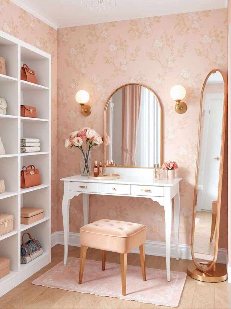 feminine peach dressing room, viewed from a slightly elevated diagonal angle near the entrance, showcasing the vanity area and surrounding décor. The feature wall behind the vanity is covered in peach-toned wallpaper with a delicate floral pattern in soft white, creating a romantic focal point. Positioned against this wall is a white vanity table with slender legs and rose gold hardware, topped with a matching peach glass tray displaying elegant perfume bottles and a few pieces of jewelry.

In front of the vanity is a tufted peach velvet stool with brass legs, placed on a pale blush rug with a subtle pattern. To the left, white open shelving holds neatly organized handbags, folded scarves, and storage boxes, with rose gold accents and brackets. Above the vanity hangs a small vintage-style chandelier with crystal drops and a soft warm glow. On each side of the mirror are round globe sconces mounted on rose gold bases, casting diffused light across the space. The floor is light wood, and a tall mirror with a slim rose gold frame leans elegantly against one wall. The atmosphere is luxurious, graceful, and tailored for a stylish, feminine retreat.