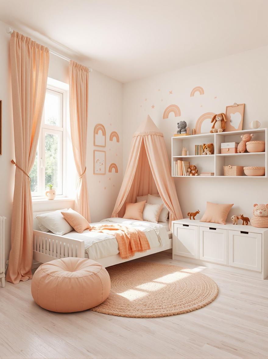 kid’s bedroom with peach pops, viewed from a slightly elevated angle near the room’s corner, capturing the full layout and playful details. The walls are painted in soft pastel cream, creating a bright and clean base. A twin bed with white wooden frame is positioned against one wall, dressed in white bedding accented with peach throw pillows and a peach-patterned blanket neatly folded at the foot.

Near the bed sits a round peach beanbag chair on a pale wooden floor partially covered by a soft cream rug. Peach-colored curtains hang from a simple white rod over a large window, filtering gentle daylight. Open white shelving units along another wall display neatly arranged toys, books, and storage bins in varying shades of peach and pastel tones. Above the bed, peach wall decals of rainbows, stars, and animals add whimsy to the space. A peach fabric canopy drapes softly in one corner, framing a cozy reading nook with cushions and stuffed animals. The overall atmosphere is cheerful, cozy, and inviting, perfectly blending creative energy with comfort.