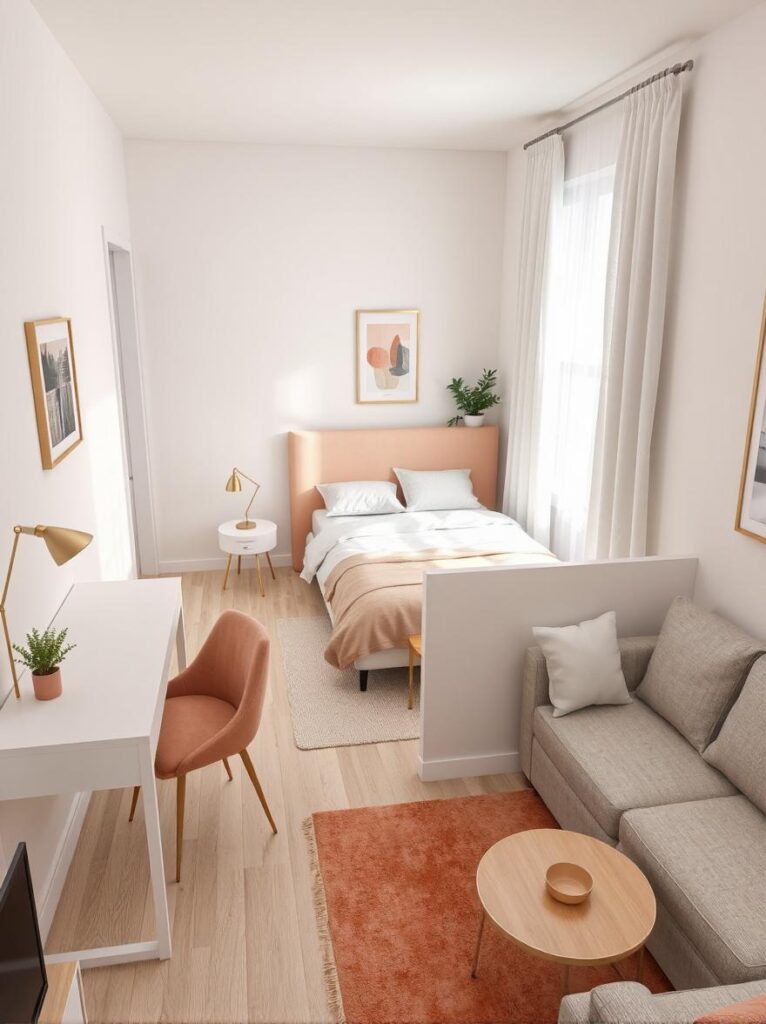 compact studio apartment with peach accents, viewed from a high corner angle that shows both the sleeping and living areas in a single frame. The sleeping area features a neatly made bed with a soft peach bedspread and white linen pillows, positioned against a white wall with a painted peach accent panel behind the headboard to define the zone. Adjacent to the bed, a light wood nightstand holds a gold reading lamp and a small ceramic dish.

The living space includes a white minimalist desk with clean lines, accompanied by a peach velvet chair with slim gold legs tucked neatly underneath. A small round peach rug lies on the pale wood floor near the bed, visually separating the space while adding warmth. A neutral-toned sofa with white cushions sits nearby, facing a light wood coffee table with a gold metal base. Gold-framed wall art hangs above the sofa, and a large window dressed with sheer white curtains floods the space with natural light. The entire layout feels bright, open, and stylish, with peach used thoughtfully to add softness and definition.