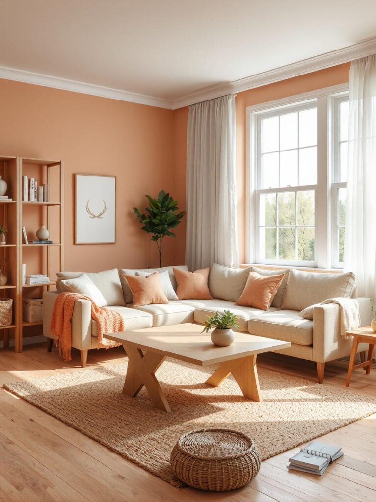 living room showcasing peach and natural wood harmony, viewed from a low, wide-angle perspective near the corner to capture furniture and textiles. The walls are painted in a soft muted peach with a matte finish that gently reflects natural light. A light oak coffee table with clean lines and a smooth surface sits centered on a woven beige jute rug.

Surrounding the table is a light wood-framed sofa upholstered in neutral linen fabric, adorned with plush peach cushions and a peach knit throw casually draped over one arm. To the left, open shelving units made of maple wood hold ceramic pottery, books, and green plants in woven baskets. The floor is pale hardwood with subtle grain patterns, complementing the warm tones. Large windows with sheer white curtains allow daylight to flood the room, enhancing the airy and grounded atmosphere created by the balanced mix of peach tones and natural wood elements.