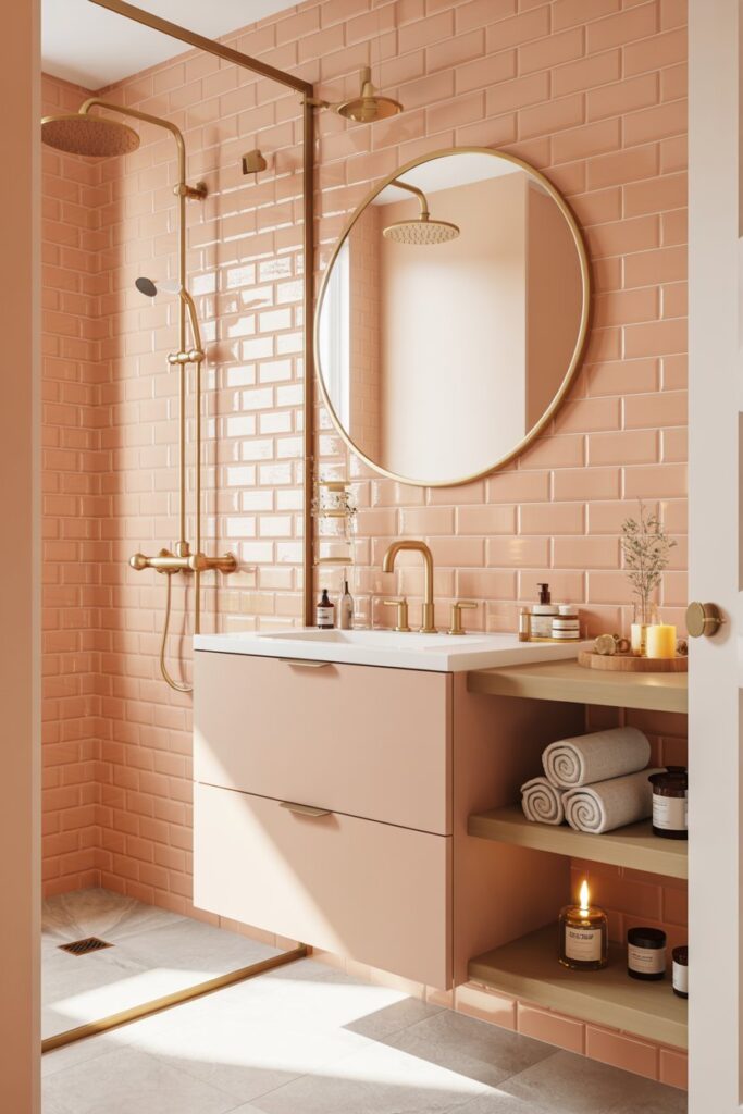 peach and brass bathroom, viewed from a slightly elevated angle near the doorway, capturing the vanity area and part of the shower wall. The shower wall features glossy peach subway tiles arranged in a clean, horizontal brick pattern with subtle grout lines. Mounted on this tiled wall are matte brass fixtures including a rain showerhead and matching control knobs, their warm metallic finish contrasting elegantly with the peach tiles.

Below is a sleek white floating vanity with smooth surfaces and minimalist matte brass hardware on the drawers. Above the vanity hangs a large round brass-framed mirror that reflects soft, warm light from a concealed ceiling fixture. To the right of the vanity are light wood open shelves neatly stacked with rolled white towels, small glass jars, and a few lit candles, adding texture and warmth. The floor is pale gray tile with subtle veining. Natural light streams in from an unseen window, enhancing the peach tones and brass highlights, creating a clean, cozy, and sophisticated spa-like atmosphere.
