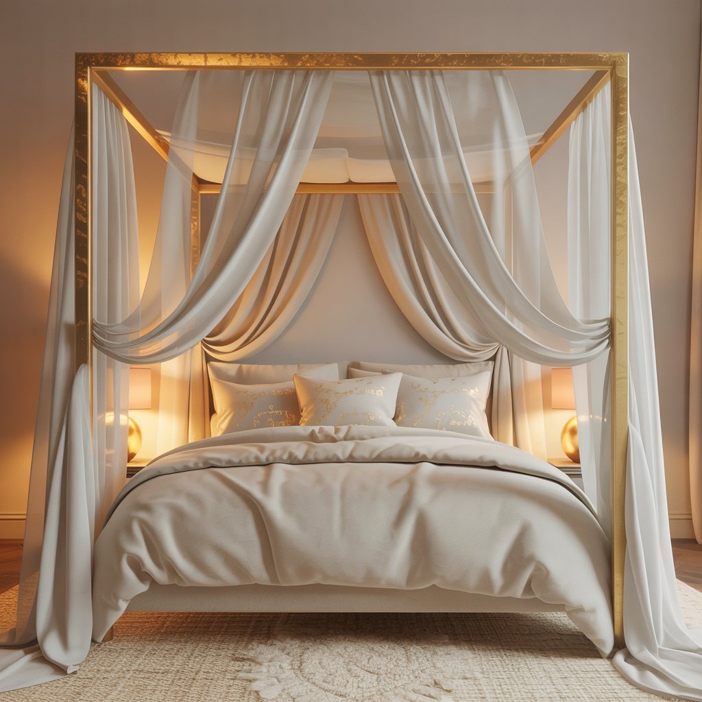 luxurious bedroom featuring a gold canopy bed with a brushed antique gold frame, softly glowing under warm ambient light. The canopy is draped with multiple layers of sheer white and ivory fabric flowing gently around the bed, creating an ethereal and dreamy atmosphere. The bed is dressed with plush cream-colored bedding, including a thick comforter and smooth sheets, accented with cushions that have subtle gold embroidery and metallic highlights. On either side of the bed, warm-toned bedside lamps with gold bases emit a soft glow that enhances the cozy, inviting ambiance. The room has light neutral walls that complement the golden hues, and the floor is covered with a textured cream rug adding warmth and softness underfoot. Every detail emphasizes romantic luxury combined with a light, airy, and serene vibe.

