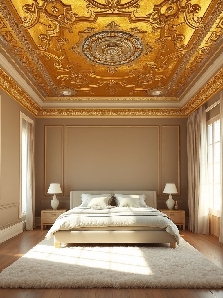 bedroom interior featuring a stunning gold leaf ceiling that captures and reflects ambient light, casting a warm, soft golden glow throughout the space. The ceiling is adorned with intricate crown molding and subtle architectural detailing, enhancing the luxurious effect of the gold finish. The walls are painted in a muted, soft taupe shade that provides a calming, grounded backdrop to balance the dramatic ceiling. The bed is dressed in neutral-toned linens—creamy whites and gentle grays—with simple, elegant textures that maintain a serene atmosphere. Minimalist furniture in light wood tones complements the subdued palette, including a low-profile bed frame and sleek nightstands. Soft, diffused natural light filters through sheer curtains, accentuating the glow from the ceiling. The floor features a plush ivory area rug adding warmth and comfort. Every element emphasizes a sophisticated balance between bold artistry and tranquil elegance.
