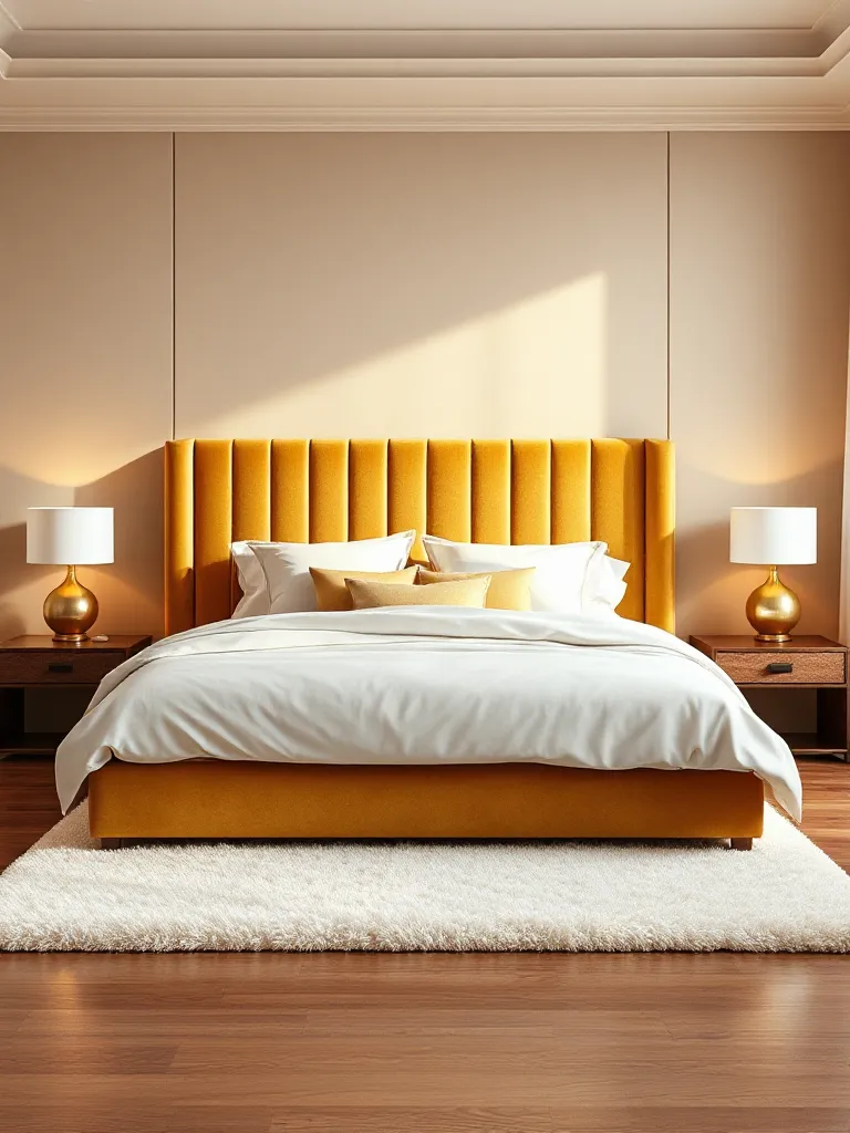 bedroom interior centered around a luxurious velvet headboard in a warm golden hue. The headboard is generously sized, featuring vertical channel stitching and a plush, tactile velvet texture that catches the light softly. It stands against a smooth, neutral-toned wall in warm beige, providing a subtle contrast that highlights the golden tones. The bed is dressed in crisp white sheets and layered with a soft ivory duvet, paired with a few accent pillows in light gold and taupe. On either side of the bed, matching golden bedside lamps with round white shades rest on minimalist wood nightstands, casting a warm ambient glow. A thick, plush area rug in ivory stretches beneath the bed across medium-toned hardwood floors, adding softness underfoot. The room is bathed in gentle natural light from a large window with sheer white curtains, enhancing the elegant textures and warmth throughout the space. The overall atmosphere is rich yet serene, perfectly balancing softness, drama, and refined luxury.
