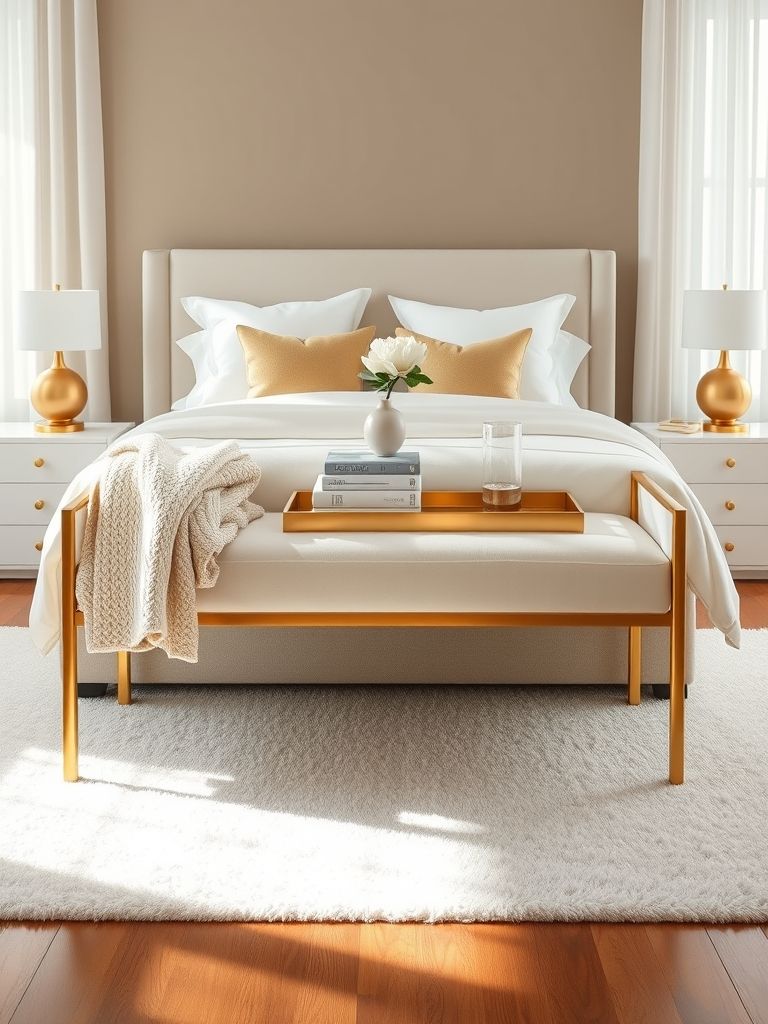 bedroom interior showcasing a sophisticated gold-accented bench placed at the foot of the bed. The bench features a sleek brushed gold metal frame with slender legs and is upholstered in soft ivory velvet, offering both elegance and comfort. A light cream knit throw is casually draped over one side of the bench, and a small decorative tray in matte gold rests on the other side, holding a stack of neutral-toned books and a glass vase with a single white peony.

The bed behind the bench is upholstered in a light beige fabric with crisp white linens and layered pillows in soft gold and ivory tones. The wall behind the bed is painted in a warm, muted taupe, creating a calm, refined backdrop. On either side of the bed are minimalist white nightstands topped with matching gold table lamps with round bases and simple white shades. The floor is medium-toned hardwood, with a large ivory area rug beneath the bed and bench to anchor the space. Natural light filters through sheer white curtains, highlighting the soft textures and gold accents. The room feels serene, elegant, and thoughtfully styled, with the gold bench adding a refined finishing touch to the bedroom’s layout.
