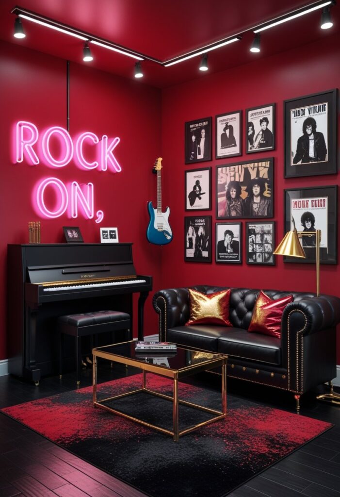 glam rock-inspired music room with bold red walls painted in a smooth, satin-finish crimson. The focal wall features a glowing pink neon sign that reads “Rock On,” mounted above a matte black upright piano. On adjacent walls, framed vintage concert posters, black-and-white photos of iconic rock musicians, and a mounted electric guitar create a dynamic gallery. A black leather tufted sofa with chrome legs sits across from the piano, adorned with studded cushions in deep red and metallic gold. The floor is dark-stained hardwood with a distressed black and red area rug beneath a sleek glass coffee table with chrome edges. In one corner, a gold metal floor lamp with a cone shade illuminates a small record station featuring a turntable and a neatly stacked vinyl collection. Spotlights from the ceiling cast dramatic highlights on the textured wall surfaces. The space feels bold, energetic, and creative, blending rebellious spirit with glam style.
