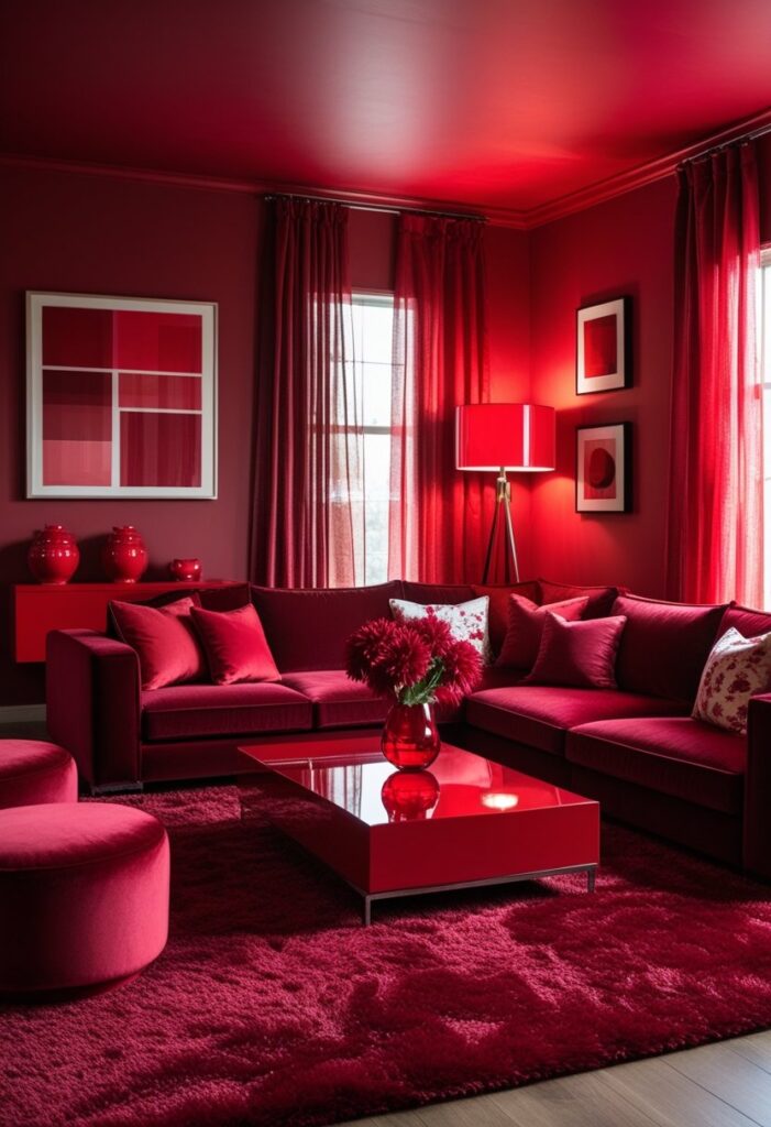 all-red monochrome living room, completely immersed in varying shades and textures of red. The walls are painted in a rich matte crimson, while the ceiling features a slightly glossier scarlet tone that reflects warm ambient lighting. The floor is covered in a plush ruby red carpet, adding depth and softness underfoot. A velvet deep red sectional sofa dominates the space, layered with cushions in burgundy, cherry, and raspberry, featuring subtle patterns and embroidery. A lacquered red coffee table with clean lines sits at the center, topped with a red glass vase holding red dahlias. Behind the sofa, a tall floor lamp with a silk red drum shade emits a soft crimson glow. On one wall, abstract red artwork in various tones is framed in glossy red, adding dimension without breaking the monochrome palette. The room includes red linen curtains, sheer red overlays on windows, and red ceramic accessories on floating red shelves. The overall atmosphere is bold, immersive, and artistically unified in an unforgettable sea of red.
