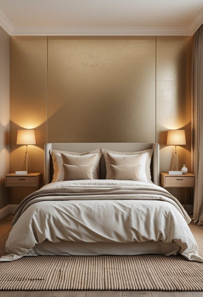 bedroom interior featuring a matte gold accent wall behind the bed. The gold finish is softly muted with a satin sheen, displaying a subtle metallic texture that catches gentle light without sparkle or gloss. The accent wall creates a warm, rich focal point that complements the rest of the room’s color palette. The bed is positioned centrally against this wall, dressed in soft ivory and taupe linens with plush pillows that echo the warm tones. Surrounding walls are painted in a warm greige, creating a balanced and inviting atmosphere. The floor is covered with a natural woven rug in neutral tones, and minimalist wooden bedside tables hold small, warm-hued lamps casting cozy light. Every detail emphasizes understated luxury, warmth, and refined comfort.
