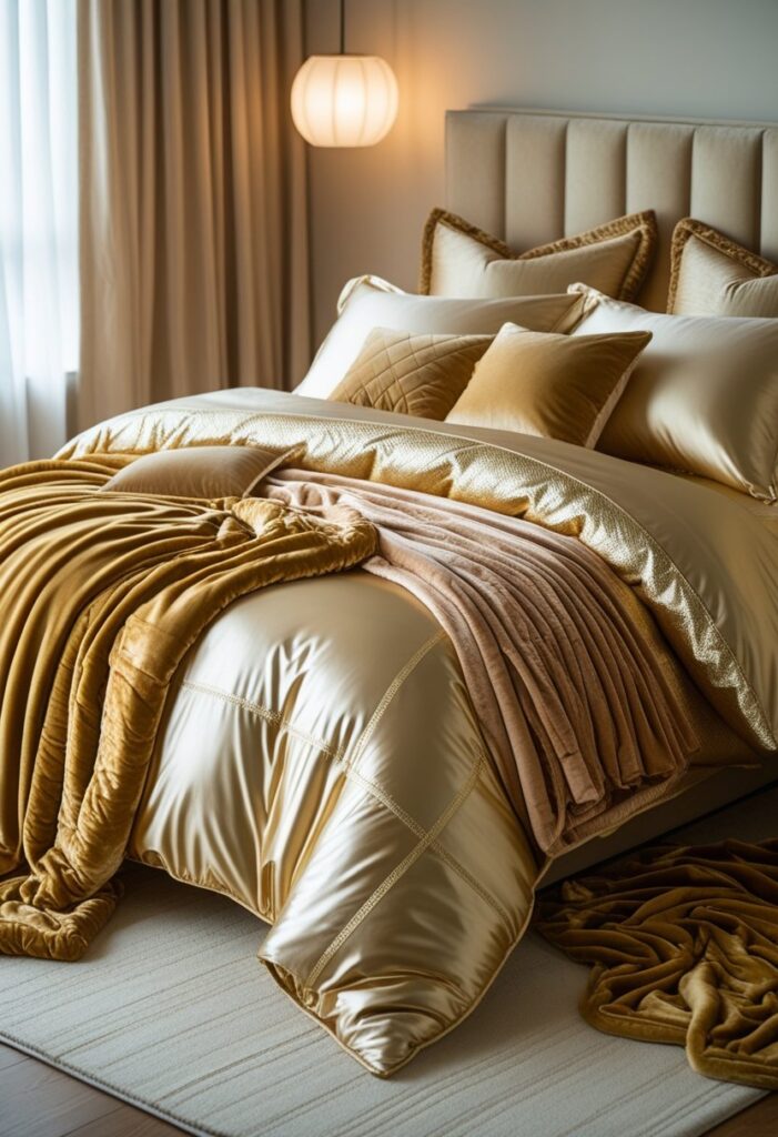 bedroom interior featuring a plush bed dressed in layered soft gold bedding. The bed is covered with silky champagne-gold sheets that shimmer gently under warm ambient light. On top lies a matte gold quilted duvet with subtle geometric stitching, adding texture without gloss. Several throw blankets in rich velvet and soft chenille fabrics are casually draped across the foot of the bed in varying shades of honey gold and muted amber tones. The pillows are arranged in multiple layers, including satin cushions with delicate embroidery and smooth gold-toned pillows that create depth and contrast. The overall color palette of the bedding is warm and muted, emphasizing organic and cozy vibes. Surrounding the bed, soft neutral walls and a cream-colored rug enhance the inviting atmosphere. Soft natural light filters through sheer curtains, highlighting the luxurious textures and making the bed the focal point of a stylish yet restful gold-themed bedroom.
