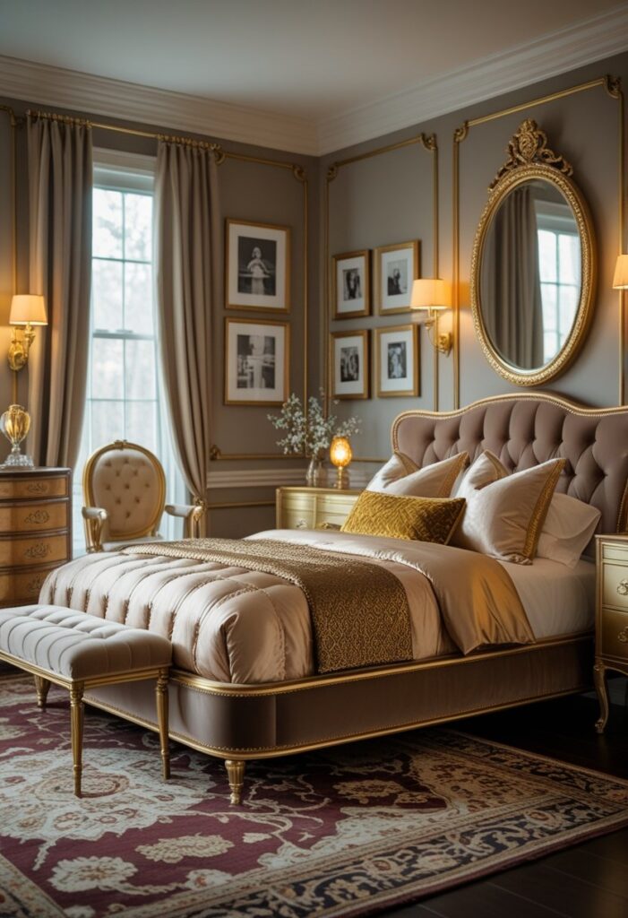vintage glam bedroom blending classic elegance with tasteful sophistication. The bed showcases a medium-height tufted velvet headboard in warm taupe, outlined with refined gold trim that adds subtle luxury. A vintage-inspired wooden dresser with gently curved legs and ornate gold drawer pulls sits nearby, topped with a large gold-framed oval mirror reflecting soft light. Beside the dresser, a gold-legged accent chair upholstered in rich cream velvet offers a plush seating option. The walls feature an arrangement of antique gold picture frames containing timeless black-and-white photographs, balanced by a decorative gold-framed mirror with delicate scrollwork. Warm, ambient lighting is provided by frosted glass wall sconces with amber-tinted bulbs, creating a cozy and inviting atmosphere. The bed is layered with silk and brocade linens in deep jewel tones, accented by plush gold pillows and a textured throw. Dark polished hardwood floors are softened by a vintage-inspired area rug with intricate patterns in muted reds and golds. This space combines indulgent glamour with thoughtful vintage details for a timeless, elegant retreat.