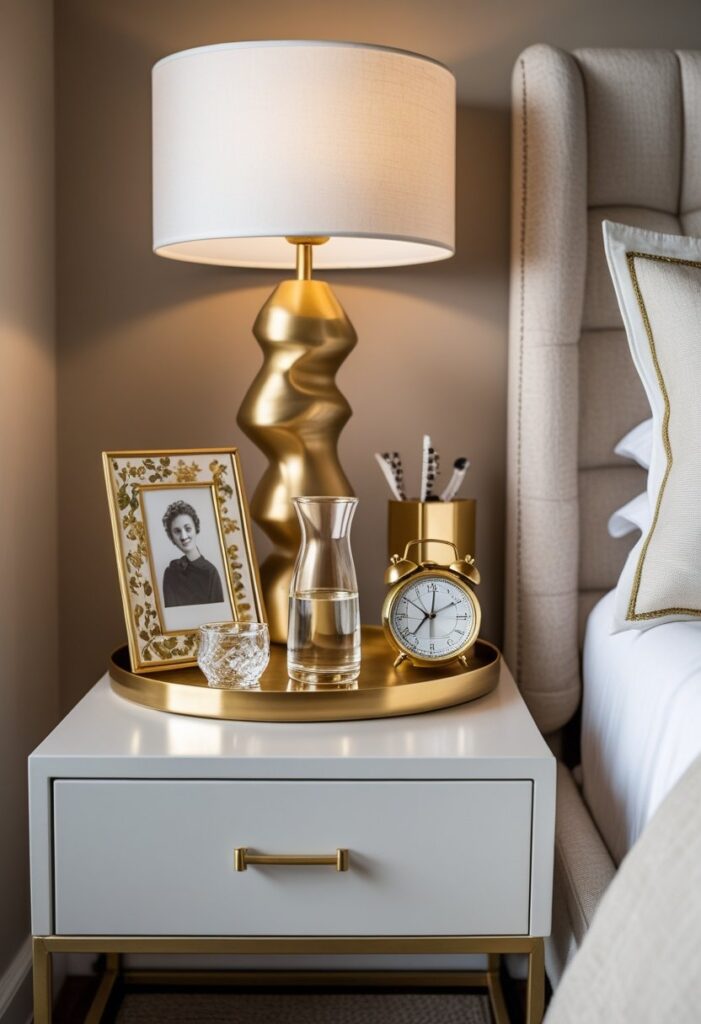 bedroom interior focusing on a thoughtfully styled nightstand adorned with elegant golden accessories. The nightstand is a sleek, matte white piece with clean lines, positioned beside a soft upholstered bed in neutral tones. On its surface sits a round sculptural gold lamp with a white linen shade, casting a warm ambient glow. A brushed gold tray holds a clear glass carafe filled with water and a matching tumbler, placed neatly alongside a small brass alarm clock with vintage-inspired dials. A gilded photo frame with a delicate floral border displays a black-and-white portrait, adding a personal touch. A polished gold jewelry dish with curved edges holds a few rings and earrings, and beside it, gold-finished geometric bookends frame a couple of stacked hardcover books. The background features a soft taupe wall, and the bed is dressed in warm ivory and beige linens, creating a serene and cohesive setting. These small, radiant details elevate the space with subtle glamour and personality.
