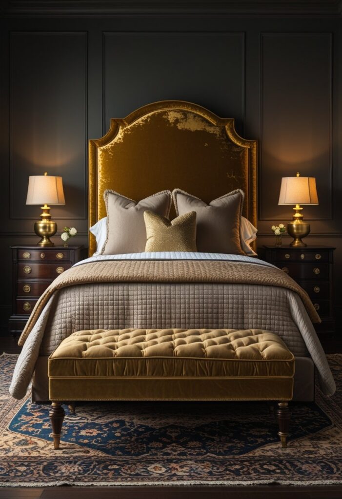 bedroom interior featuring a warm and elegant design centered around burnished gold upholstery. The bed includes a standard-height headboard upholstered in burnished gold velvet with a gently worn, vintage texture that brings character and subtle richness to the space. On each side of the bed are dark wood nightstands with classic drawer detailing and brass hardware. Atop the nightstands sit antique brass table lamps with cream fabric shades, casting a warm, ambient glow that enhances the room's moody atmosphere. The walls are painted a deep charcoal gray, creating a rich contrast with the golden tones of the headboard and accessories. A vintage-style Persian rug in soft reds, golds, and navy blues lies on the dark hardwood floor, adding visual interest and grounding the space. The bed is dressed in layered neutral linens, including an ivory quilt, taupe sheets, and a few textured pillows in muted gold. The room feels timeless, grounded, and softly luxurious—perfect for those who appreciate elegance without excess.
