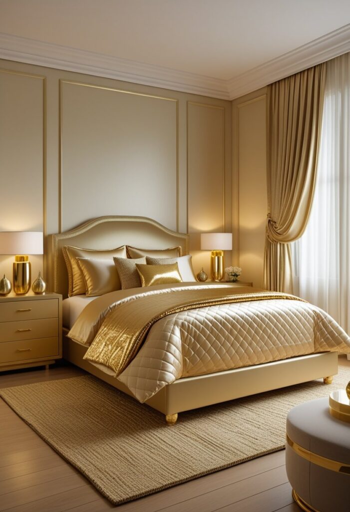 bedroom interior designed entirely in a monochrome gold palette that feels refined and harmonious. The walls are painted in a soft pale gold with a smooth matte finish, creating a warm and inviting backdrop. The bed is upholstered in a slightly deeper champagne-gold fabric, with neatly arranged bedding in layered golden tones—silky sheets in light gold, a quilted satin duvet in medium gold, and textured throw pillows in varying finishes from matte to metallic. Beside the bed, matching gold-toned nightstands hold matte gold table lamps with sleek cylindrical bases and ivory fabric shades. Decorative objects such as glossy metallic vases, a brushed gold alarm clock, and small sculptural pieces add depth and variation in sheen. A low dresser in warm brushed gold stands against one wall, its drawers accented with polished golden handles. The floor is covered with a woven rug in textured muted gold, while long, flowing curtains in soft antique gold frame the windows. Every element in the room stays within the gold color family but varies in tone and texture, creating a cohesive, luxurious, and serene atmosphere.
