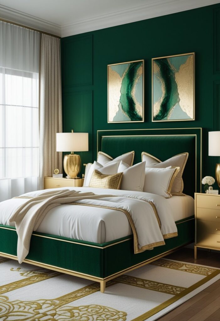 bedroom interior featuring a rich and dramatic emerald green and gold color palette. The focal point is a plush bed with an emerald green velvet upholstered headboard and frame, exuding luxury and depth. Behind the bed, an emerald green accent wall adds boldness and anchors the space. Crisp white linens with subtle gold trim are layered neatly on the bed, complemented by neutral-toned throw pillows and a soft ivory blanket draped at the foot. On each side of the bed, gold-framed nightstands with clean lines support elegant gold table lamps with white drum shades, casting a warm ambient glow. Above the bed hang two gold-framed pieces of artwork with abstract patterns in muted green and metallic tones. Brass drawer pulls, a sculptural gold mirror, and metallic hardware subtly repeat the gold accents throughout the room. The floor features medium-toned hardwood with a white and gold patterned area rug. Light filters through sheer ivory curtains, softening the rich contrast and completing the regal, high-end look. The space feels sophisticated, bold, and unforgettable.
