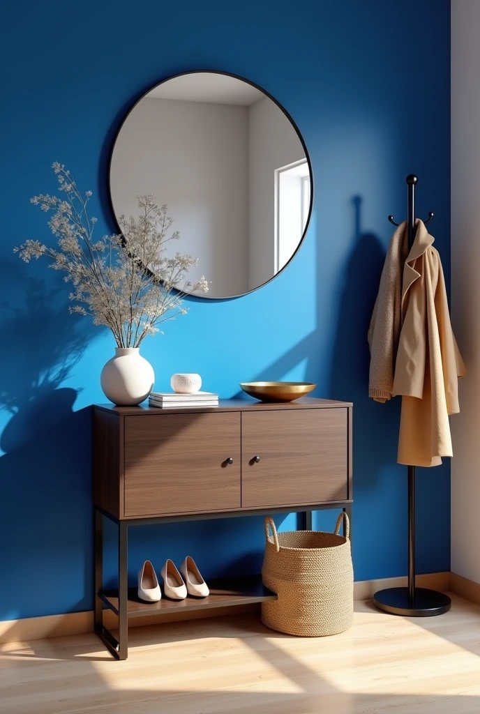 entryway captured from a slightly low viewpoint angled to show depth and height, featuring a bold cobalt blue accent wall that fills the background with bright, confident energy. Against the wall hangs a large round mirror with a thin black metal frame, positioned centrally above a slim, modern console cabinet crafted from dark wood with smooth matte finish and clean lines. The console features two closed cabinet doors with subtle recessed handles, providing hidden storage while maintaining its sleek and minimalist profile. On top of the cabinet rests a small stack of neatly arranged mail, a ceramic vase with fresh white flowers, a sleek brass bowl for keys, and a small sculptural ceramic figurine in matte white adding artistic flair. Below the cabinet sits a woven natural fiber basket containing a few pairs of neatly placed shoes, adding texture and warmth to the space. To the right of the cabinet, a tall, slender coat rack made of black metal holds a camel-colored wool coat and a beige scarf, introducing softness and practicality. The floor is light natural hardwood with subtle grain patterns that contrast beautifully with the vivid blue wall. Soft, natural daylight streams in from an unseen source to the left, casting gentle shadows and highlighting the textures of the basket, wood, and fabric. The overall composition creates a welcoming, stylish entryway that feels both functional and bursting with personality.