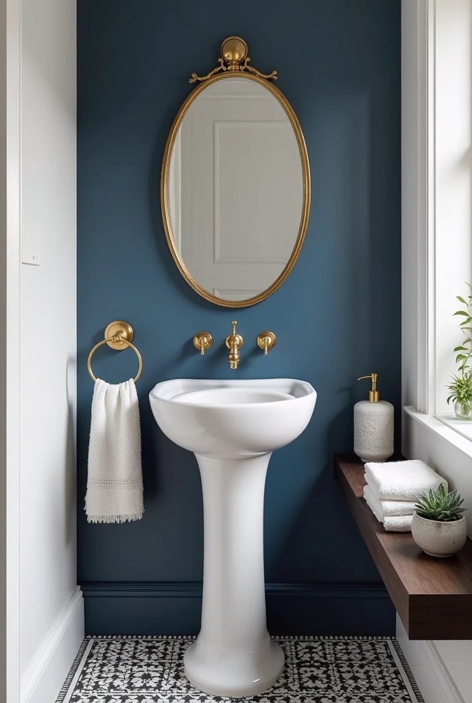 small powder room captured from a slightly elevated portrait viewpoint, emphasizing depth and intimacy. A bold ink blue accent wall covers the entire wall behind the white pedestal sink, creating a rich, dramatic focal point. The other walls are crisp white, sharply contrasting the deep blue accent. The pedestal sink features smooth curves and is paired with brass fixtures: a wall-mounted faucet and a towel ring holding a crisp white towel. Above the sink hangs an oval mirror framed in warm brass, reflecting soft light and adding warmth. To the right, a narrow dark wood floating shelf holds folded white towels, a textured ceramic soap dispenser, and a small green succulent in a white planter. The floor has black-and-white patterned ceramic tiles with geometric designs adding vintage charm. Soft, diffused natural light filters through a frosted window outside the frame, balancing the moody accent wall. The composition combines bold color, brass details, and curated decor, creating a cozy, stylish powder room that feels like a dramatic jewel box.