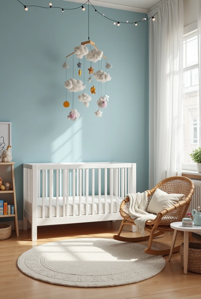 nursery captured from a slightly elevated portrait viewpoint, featuring a bold sky blue accent wall that fills the background with a soft, calming glow. A white wooden crib with slatted sides stands centered against the wall, with a delicate mobile hanging above it made of felt clouds, stars, and moons in soft pastel colors. Beneath the crib lies a plush cream area rug with subtle patterns on warm natural wood flooring. To the right, a cozy rattan rocking chair with a linen cushion and knitted throw invites relaxation. Next to it, a small round wooden side table holds a ceramic lamp with a white shade, a stack of children’s books, and a framed animal illustration. On the left, a low wooden bookshelf displays colorful books, wooden toys, and a woven basket filled with plush animals. Sheer white curtains diffuse soft natural light through a window, casting gentle shadows on the blue wall. A small potted fern sits on the windowsill, and delicate string fairy lights frame the top corner of the accent wall, adding warmth. The space feels nurturing, calm, and thoughtfully designed with natural textures and gentle color.