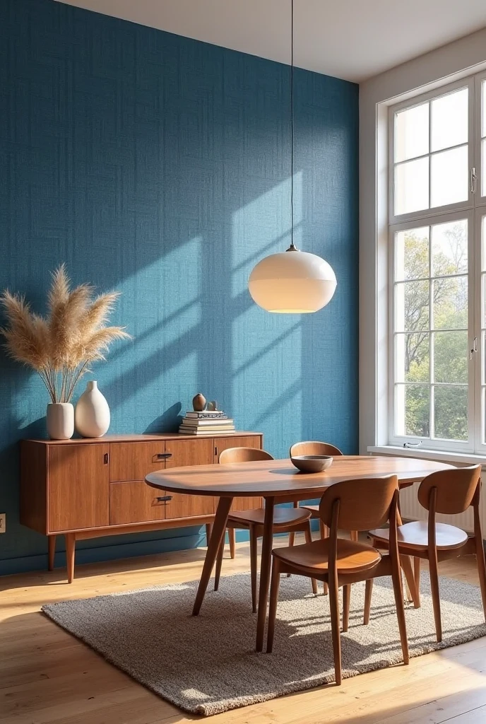 dining room captured from a slightly elevated portrait viewpoint showcasing a spacious view of the room. A bold blue accent wall dominates one side, covered entirely in textured linen-finish wallpaper with a distinct woven pattern that interacts with natural light, creating subtle shifts in color and depth throughout the day. Against this wall stands a sleek, narrow wooden buffet with a rich walnut finish and clean lines. On top, decorative items include a tall ceramic vase with dried pampas grass, a stack of design books, and a small sculptural bowl. Centered in the room is a round wooden dining table with a smooth matte surface, surrounded by four mid-century modern wooden chairs featuring curved seats and slender legs in warm wood tones. Above the table hangs a soft pendant light with a frosted glass shade, casting a warm, inviting glow. The floor is covered with a neutral-toned woven area rug that adds texture and softness beneath the table, complementing the warm wood finishes. Soft natural light filters through large windows beyond the frame, casting gentle shadows that emphasize the tactile detail of the wallpaper. The overall composition blends bold color, layered textures, and elegant furnishings to create a refined, welcoming dining room full of personality and warmth.