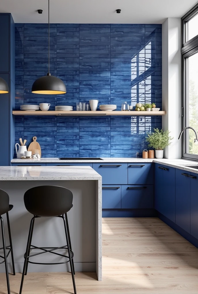 modern kitchen captured from a slightly elevated portrait viewpoint, showcasing a wide view of the space. A bold sapphire blue accent wall commands attention, featuring glossy subway tiles that reflect soft natural light and create a dynamic, shimmering backdrop. Below the tiles, sleek white quartz countertops with subtle veining stretch across minimalist cabinetry finished in matte sapphire blue with clean, flat fronts. Matte black hardware in slim bar handles adds sharp contrast and modern edge to the cabinetry. An open shelving unit integrated into the blue wall displays neatly arranged white ceramic dishes and glassware, adding brightness and balance. The kitchen island in the center has a pale gray matte countertop with matching matte black fixtures, accompanied by three modern black bar stools with slender legs and curved seats. Pendant lights with black metal shades hang above the island, casting focused pools of warm light that highlight the glossy blue tiles. The floor is light natural wood with fine grain, complementing the cool tones of the room. Large windows beyond the frame let in soft daylight, enhancing the fresh, joyful atmosphere. The composition blends bold color, sleek surfaces, and thoughtful contrasts, creating a stylish, contemporary kitchen full of energy and warmth.