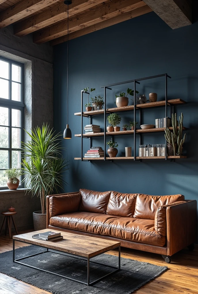 living space captured from a slightly elevated portrait viewpoint revealing a wide view of the room. A bold indigo accent wall anchors the background with a deep, smoky blue tone that adds richness and softness to the industrial elements. Exposed black steel ceiling beams stretch across the space, contrasting with warm raw wood flooring and furniture. Against the indigo wall, open black steel-framed shelves hold an assortment of cookbooks, handcrafted ceramics in muted earth tones, and small potted plants adding organic touches. Centered in front is a vintage brown leather sofa with a worn, supple texture, its sturdy lines complemented by black steel legs. A reclaimed wood coffee table with visible grain and metal accents sits on a dark textured rug with subtle geometric patterns. Large windows outside the frame flood the room with soft natural daylight, creating dynamic shadows and highlighting the layered textures. The overall composition balances bold color, raw materials, and vintage charm to create a stylish, moody living space full of character and edge.