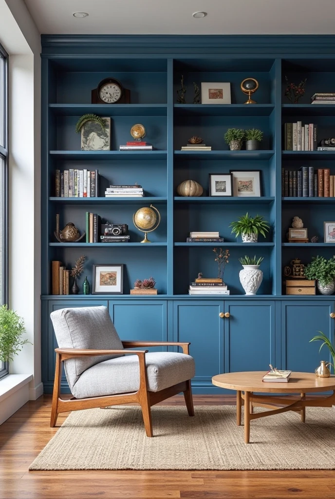 living room captured from a wide-angle, slightly elevated portrait viewpoint that reveals the full scope of the space. A bold blue accent wall is created by floor-to-ceiling built-in bookcases painted in a vibrant, rich blue shade with smooth matte finish. The bookcases feature clean, modern lines with a mix of open shelving and lower closed cabinets with subtle brass handles for hidden storage. The shelves are thoughtfully arranged with a curated collection of hardcover books, travel mementos like vintage cameras and globes, framed art prints in minimalist frames, and small potted plants with lush green foliage adding natural contrast. A cozy seating area sits in front of the bookcases, including a mid-century modern armchair upholstered in soft gray fabric and a low wooden coffee table with a natural finish and simple design. A textured beige area rug anchors the seating zone on warm hardwood floors with subtle grain. Soft natural light streams through large windows outside the frame, casting gentle shadows that highlight the depth and texture of the blue bookcases. The overall composition blends bold color, curated objects, and functional design to create a stylish, inviting space where form and function coexist beautifully.