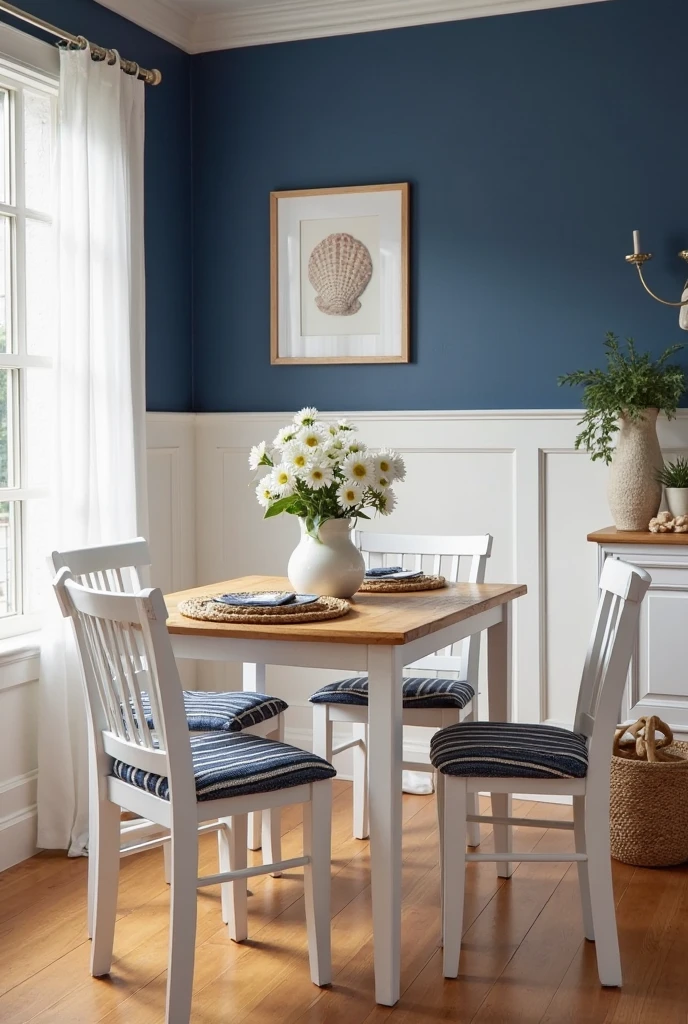 dining room captured from a wide-angle, slightly elevated portrait viewpoint that reveals the full room. A striking two-tone accent wall dominates the background, featuring a bold deep blue lower half topped with crisp white above, separated by classic white chair rails and wainscoting that add architectural charm and structure. Against the wall stands a rectangular wooden dining table with a natural matte finish and gently rounded edges. Surrounding the table are four white wooden chairs with slatted backs and comfortable woven seat cushions in navy and white stripes, adding a nautical touch. On the table, a woven rattan placemat holds a simple ceramic vase filled with fresh white daisies. To the right, a woven seagrass basket sits on the warm honey-toned hardwood floor, adding texture and coastal warmth. Soft natural light filters through sheer white curtains from large windows out of frame, casting gentle shadows that enhance the fresh, breezy atmosphere. Subtle nautical accents like a framed seashell print on the white portion of the wall and a small driftwood sculpture on a nearby sideboard complete the cheerful, summery space. The composition blends bold color, classic details, and natural textures to create an inviting, airy room full of coastal charm.