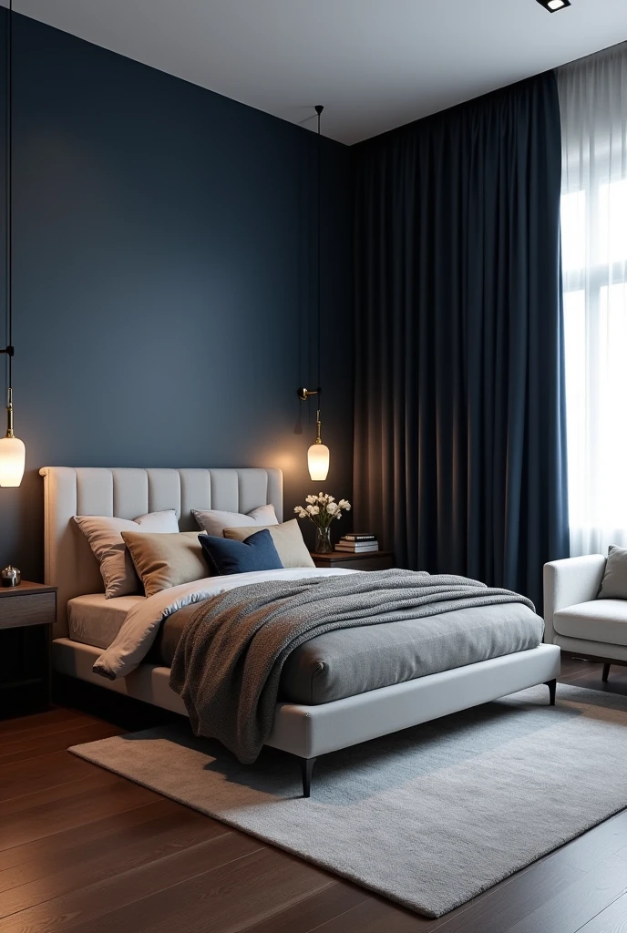 master bedroom captured from a wide-angle, slightly elevated portrait viewpoint that reveals the full layout. A moody dark blue accent wall in a deep navy tone spans the space behind the bed, creating a calm, cocoon-like atmosphere. Centered against the wall is a low-profile upholstered bed in soft gray fabric with a tall, tufted headboard. The bed is layered with textured bedding in shades of warm taupe, pale gray, and deep blue, accented by a soft metallic silver throw and matching pillows for a subtle touch of glam. Floating nightstands in dark wood flank the bed, each topped with a small, round, soft-glow lamp with a matte white shade. Above the nightstands, two candlelit brass sconces with frosted glass shades add warm, ambient light. A plush area rug in light gray extends beneath the bed across dark hardwood floors. To the right, a cozy armchair in cream linen sits near a large window draped with heavy navy curtains, slightly parted to let in a sliver of natural light. The composition balances drama and comfort, creating a master bedroom that feels intimate, luxurious, and deeply restful.