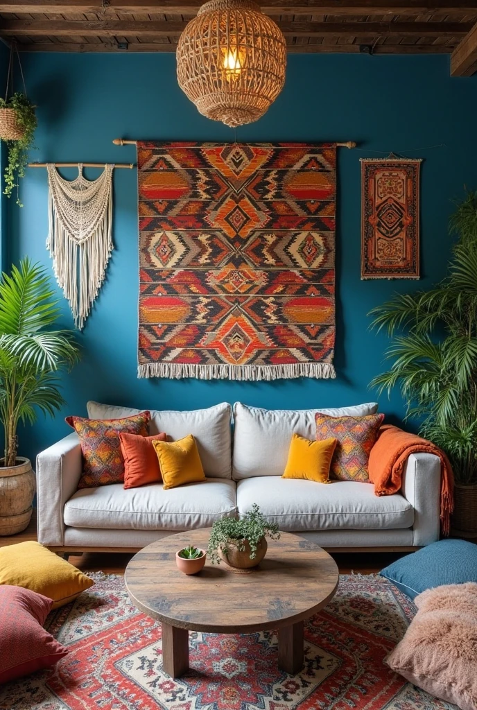 bohemian living space captured from a wide-angle, slightly elevated portrait viewpoint, showcasing a richly layered and soulful interior. A bold ultramarine blue accent wall spans the background, its deep, saturated color creating a striking canvas for an eclectic mix of textures and patterns. Centered on the wall is a large handwoven tapestry with intricate geometric designs in warm earth tones, hanging above a low-profile linen sofa covered in patterned cushions in rust, mustard, and indigo hues. To the left, a wide macramé wall hanging adds soft texture, while a vintage rug is mounted like artwork on the opposite side, enhancing the layered, artistic feel. A round wooden coffee table with a weathered finish sits on a faded kilim rug in muted reds and blues. Scattered around are floor cushions in mixed fabrics, inviting relaxation. Lush potted plants—ferns, monstera, and trailing vines—fill corners and shelves, bringing life and organic movement. A woven rattan pendant light hangs overhead, casting warm, dappled light across the room. The overall space feels relaxed, expressive, and deeply personal, full of texture, color, and bohemian charm.