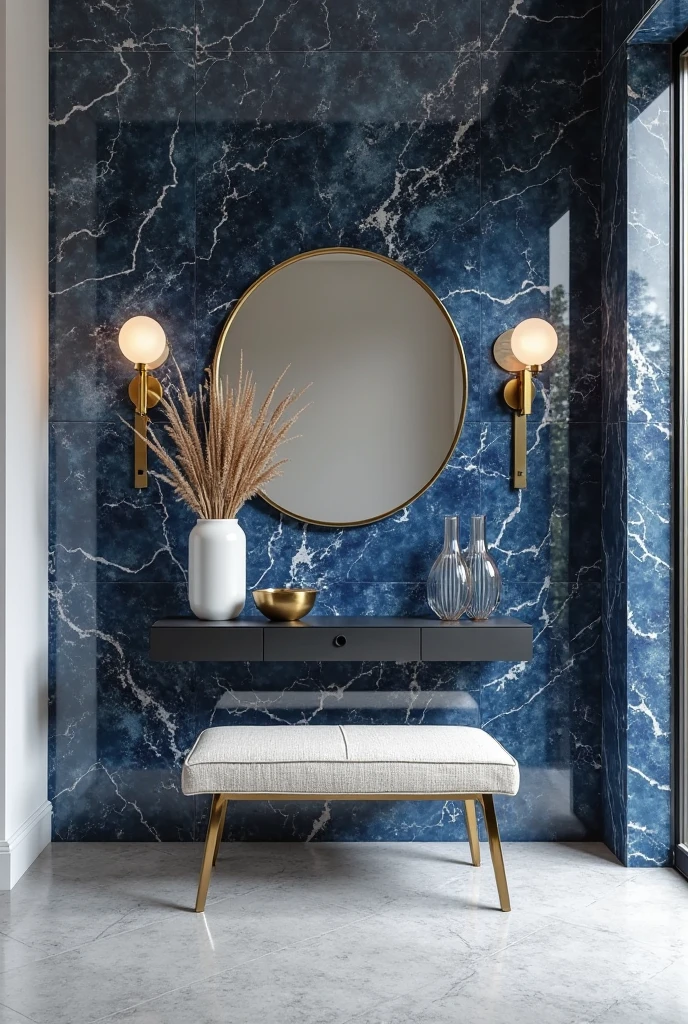 entryway captured from a wide-angle, slightly elevated portrait viewpoint that showcases a luxurious and dramatic space. The focal point is a bold blue marble feature wall with deep navy and indigo veining layered through a polished stone surface, creating organic movement and visual depth. The marble stretches from floor to ceiling, its glossy finish reflecting soft natural light and subtle shadows. Centered against the wall is a slim floating console in matte black with clean lines, topped with a small brass bowl, a sculptural vase, and a tall glass cylinder holding dried grasses. Above the console, a round brass-framed mirror reflects the surrounding architecture, echoing the metallic accents. To the side, a sleek brass wall sconce with a frosted globe shade adds a soft glow. The floor is honed light gray stone with minimal grout lines, contributing to the clean, elegant aesthetic. A single upholstered bench in cream boucle fabric sits below the marble wall, adding softness without distraction. The overall design is minimalist, allowing the rich blue marble to take center stage like a piece of art, creating a refined, gallery-like atmosphere full of depth and opulence.

