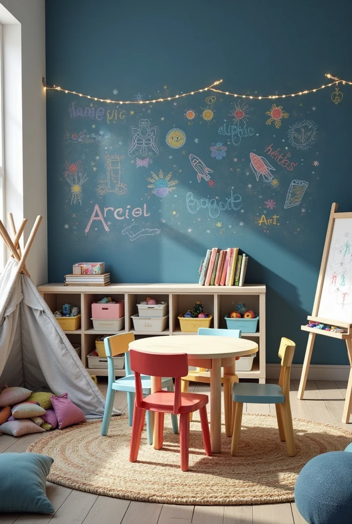 kids’ playroom captured from a wide-angle, slightly elevated portrait viewpoint, showcasing a vibrant and creative space. A bold blue accent wall painted in matte chalkboard finish spans the back of the room, featuring a variety of colorful chalk drawings—letters, rockets, animals, and whimsical shapes—bringing energy and interactivity to the space. In the center of the room, a round wooden table with a smooth natural finish is surrounded by four small chairs in mismatched pastel tones. Along the chalkboard wall, a low storage unit with cubby compartments in white wood holds neatly arranged books, toys, and labeled bins for art supplies. A roll of craft paper is mounted above the cubbies, partially unrolled for drawing or painting. To the left, a small teepee tent in soft gray canvas with string lights wrapped around its frame creates a cozy hideaway filled with plush cushions and a few picture books. On the right side of the room, a soft bean bag in sky blue sits near a freestanding wooden easel with a chalk tray, ready for new sketches. The floor is covered with a soft, woven flatweave rug in a neutral sand tone, providing comfort and contrast to the lively wall. The space feels imaginative, well-organized, and perfect for creative play and learning.