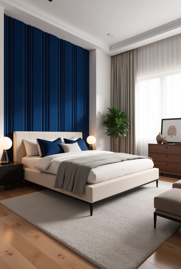 bedroom captured from a wide-angle, slightly elevated portrait viewpoint, offering a full view of a cozy and elegant space. The back wall features a bold accent made of vertical panels upholstered in rich royal blue velvet, running from the baseboard to a standard ceiling height. The plush panels create a luxurious texture and a deep, inviting tone that contrasts with the surrounding soft white walls, making the accent wall stand out as the room’s focal point.

In front of the velvet wall, a low-profile platform bed with a light beige upholstered frame is neatly dressed in layered ivory sheets, a pale gray duvet, and navy accent pillows that echo the wall color. Flanking the bed are two slim matte black nightstands, each topped with a frosted glass globe lamp. A soft wool area rug in textured light gray stretches beneath the bed, adding comfort over warm oak wood flooring. On the right side, a walnut dresser with brass hardware adds warmth, topped with a ceramic vase, framed artwork, and a minimalist lamp. To the left, a small taupe accent chair and a leafy potted plant complete the room. Sheer curtains filter natural light from a nearby window, creating a soft glow that highlights the rich blue fabric. The room feels intimate, stylish, and balanced, centered around the striking velvet accent wall.