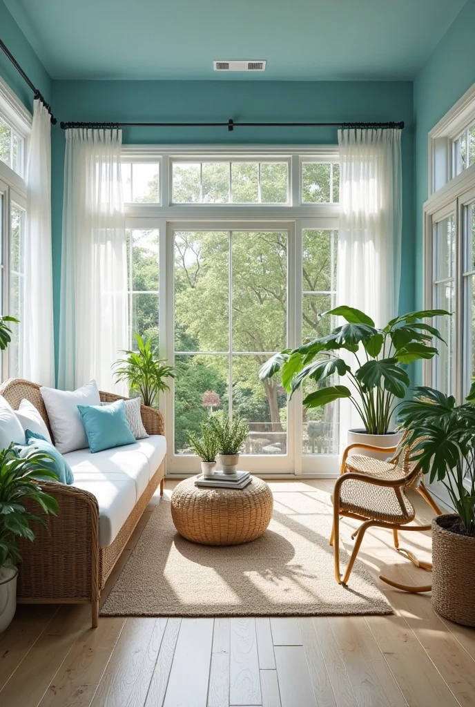 sunroom captured from a wide-angle, slightly elevated portrait viewpoint, highlighting a breezy, open layout with normal-height walls. The bold turquoise blue accent wall with a smooth matte finish spans one side of the room, its vibrant color energized by abundant natural light pouring through large floor-to-ceiling windows that wrap around adjacent walls, offering expansive views of lush greenery outside. The space features a minimalist arrangement of natural materials: a low-profile wicker daybed with crisp white linen cushions and several light blue throw pillows sits against the accent wall, inviting relaxation. A round woven rattan side table holds a small potted plant and a stack of books. Nearby, a pair of airy white cane chairs with slim wooden legs face each other across a textured jute rug that defines the seating area while maintaining openness. Several large leafy plants in woven baskets and ceramic pots are strategically placed near windows and corners, adding fresh green bursts without cluttering the space. Light oak flooring continues uninterrupted, enhancing the open feel. Sheer white curtains frame the windows, softly diffusing sunlight and adding gentle movement to the serene, coastal-inspired atmosphere centered around the turquoise accent wall.