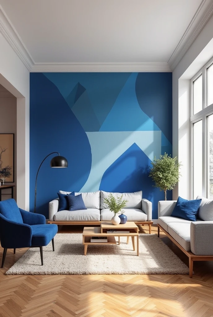 living room captured from a wide-angle, slightly elevated portrait viewpoint, showcasing a spacious area centered around a bold blue accent wall featuring geometric wall art. The accent wall is painted in a rich cobalt blue base with an array of large geometric shapes—triangles, diamonds, and hexagons—in varying shades of lighter and darker blues, arranged in a balanced, modern pattern that adds depth and visual interest without overwhelming the space. The remaining walls are painted soft white, creating contrast that highlights the artwork.

In front of the accent wall, a mid-century modern sofa upholstered in light gray fabric sits atop a natural fiber rug with subtle texture. A low, rectangular wooden coffee table with clean lines holds a minimalist vase with greenery and a couple of art books. To the left, a sculptural floor lamp with a thin black metal frame arcs over a plush navy blue armchair that complements the wall. Decorative pillows in shades of blue and white add cozy accents. The flooring is warm oak hardwood in a classic plank style. Large windows on the adjacent wall flood the room with natural light, which reflects softly off the geometric shapes, enhancing the layered blues. The overall atmosphere is modern, artistic, and inviting, with the geometric blue wall as the striking focal point.
